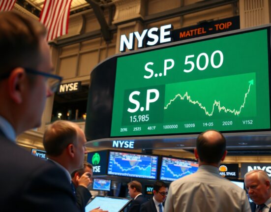 NYSE trading floor with S&P 500 index showing green gains amid market rally