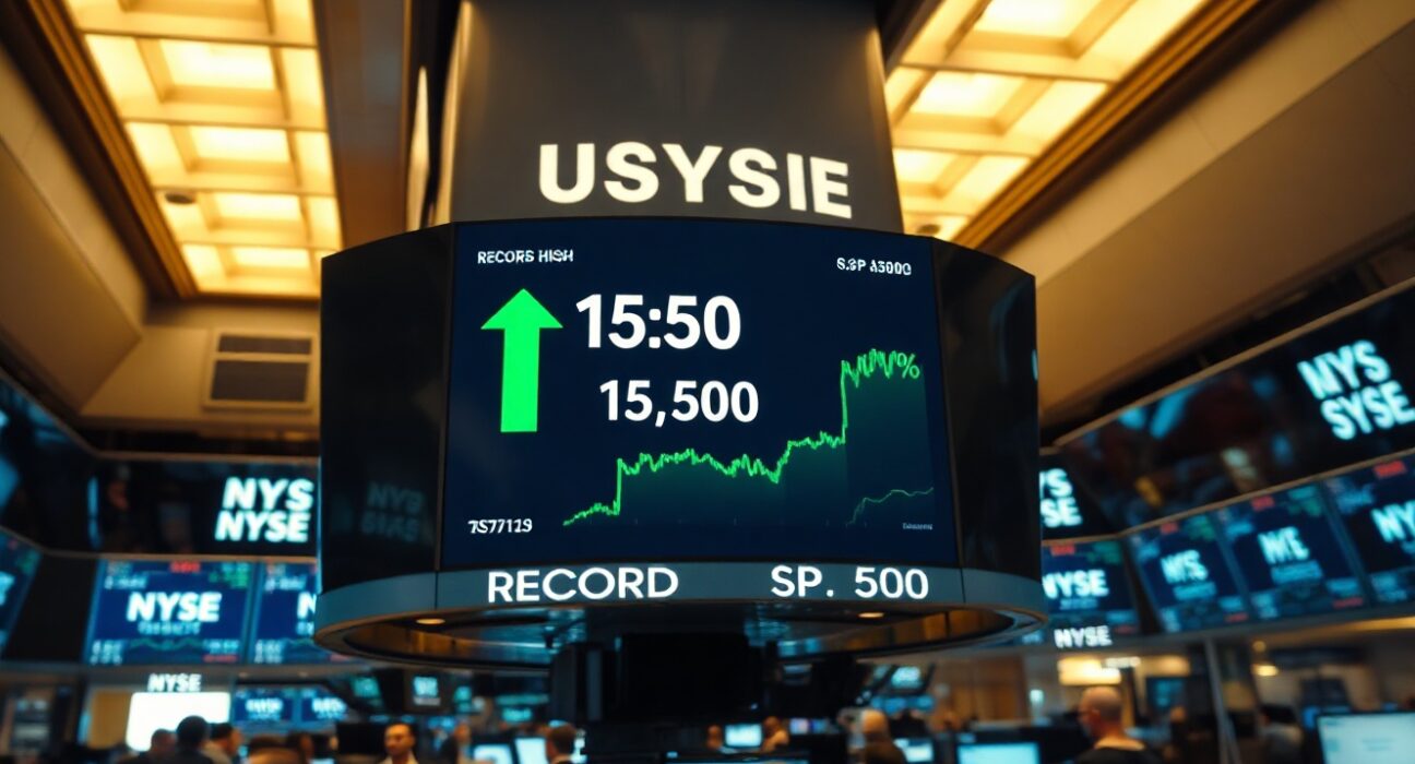 Trading floor display showing S&P 500 reaching a record high