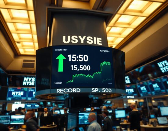 Trading floor display showing S&P 500 reaching a record high