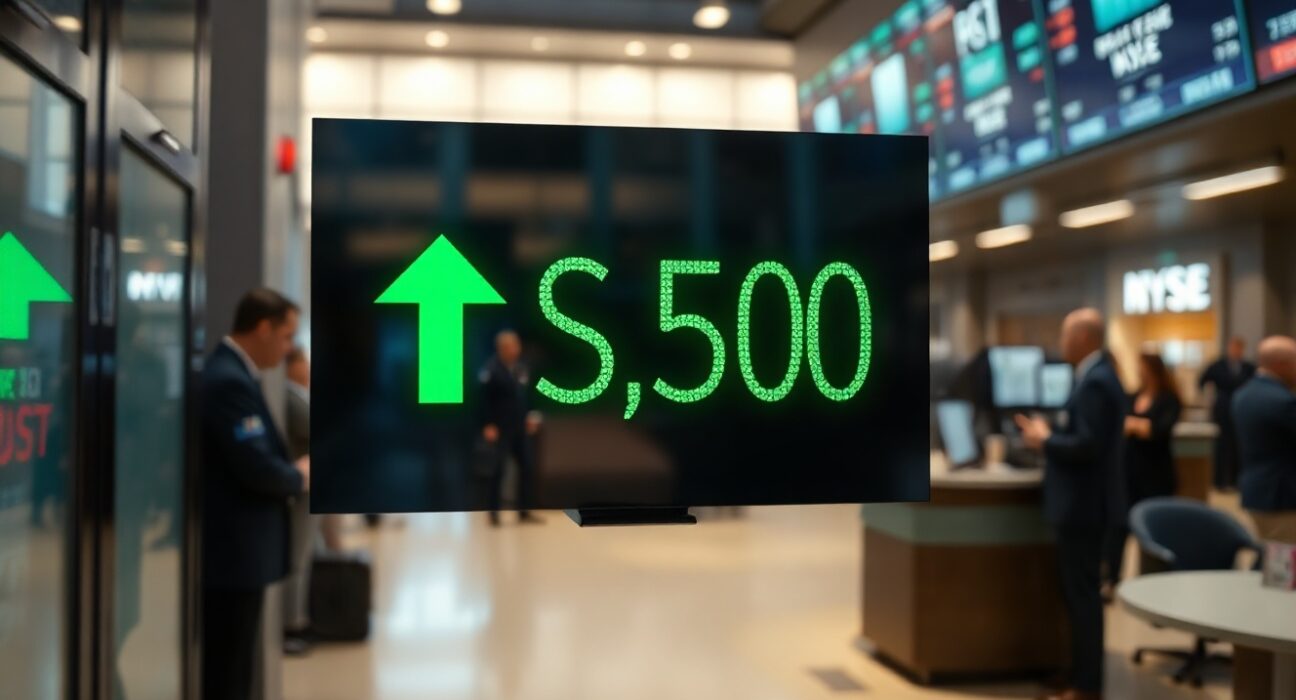 Stock market display showing S&P 500 at a record high with green indicators