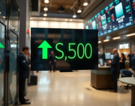 Stock market display showing S&P 500 at a record high with green indicators