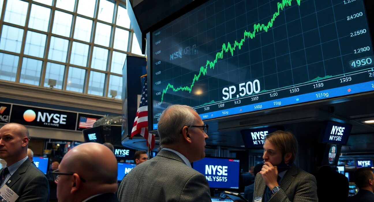 Traders on the NYSE floor watching a rising S&P 500 chart on a large screen