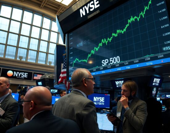 Traders on the NYSE floor watching a rising S&P 500 chart on a large screen