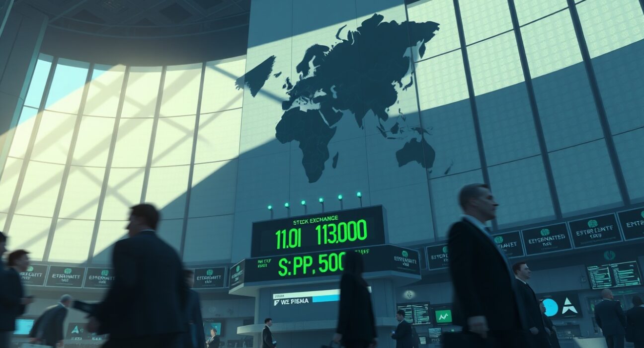 S&P 500 record high displayed on NYSE ticker board with geopolitical conflict shadow in background, illustrating Deutsche Bank conflict headwinds warning