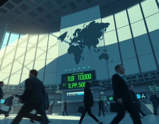 S&P 500 record high displayed on NYSE ticker board with geopolitical conflict shadow in background, illustrating Deutsche Bank conflict headwinds warning