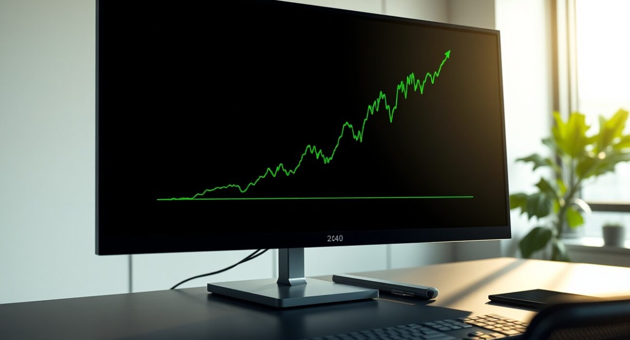 S&P 500 stock market index chart showing a record-breaking upward trend on a financial monitor.