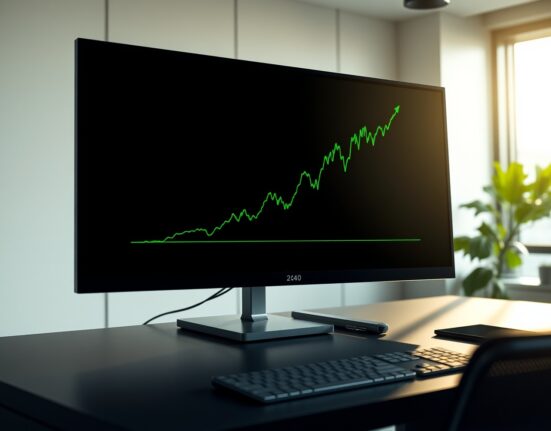 S&P 500 stock market index chart showing a record-breaking upward trend on a financial monitor.