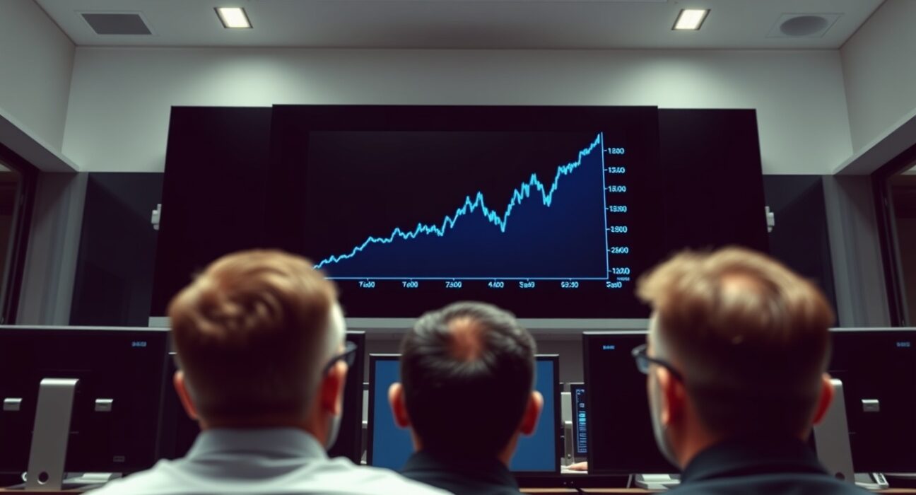 S&P 500 index graph trending upward on a trading floor screen, symbolizing the current market rally.