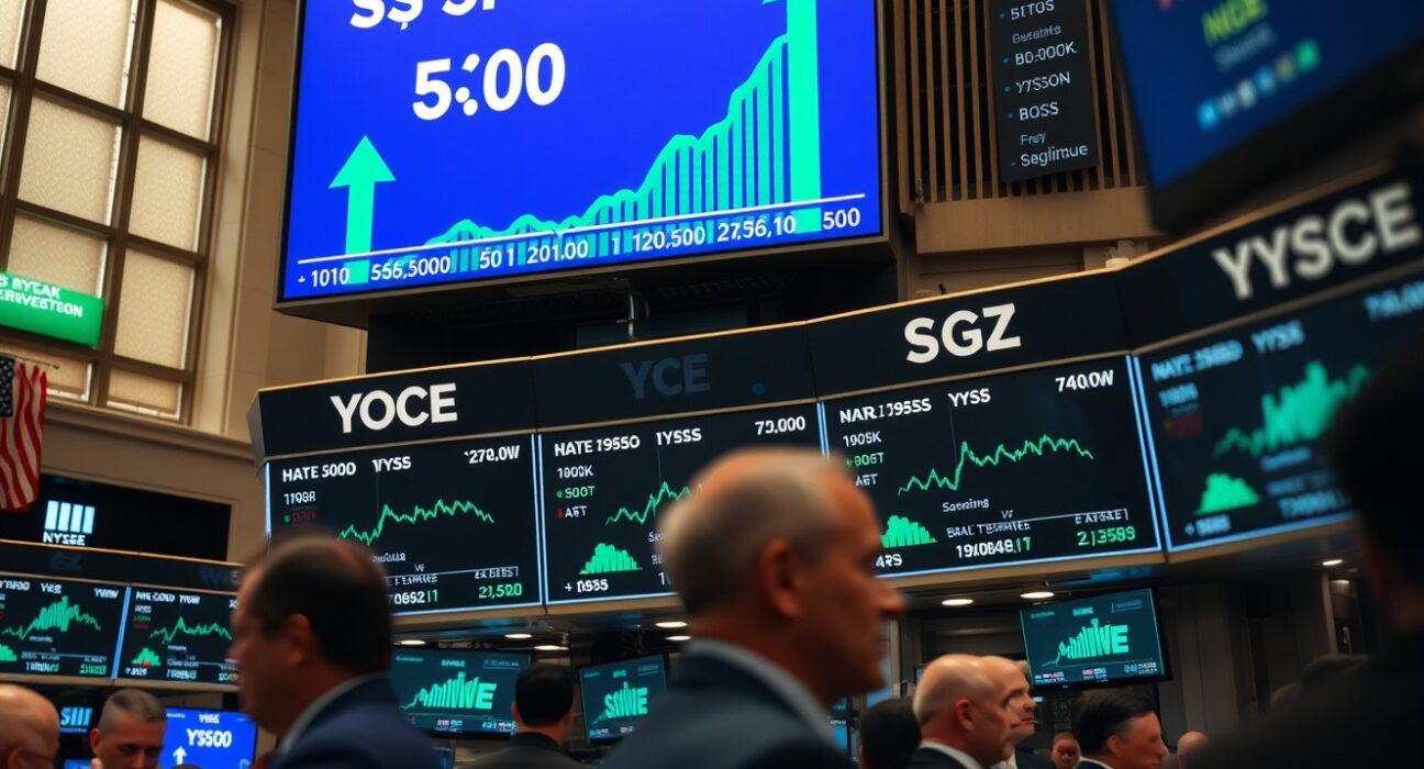 New York Stock Exchange trading floor with S&P 500 index at record high on digital displays