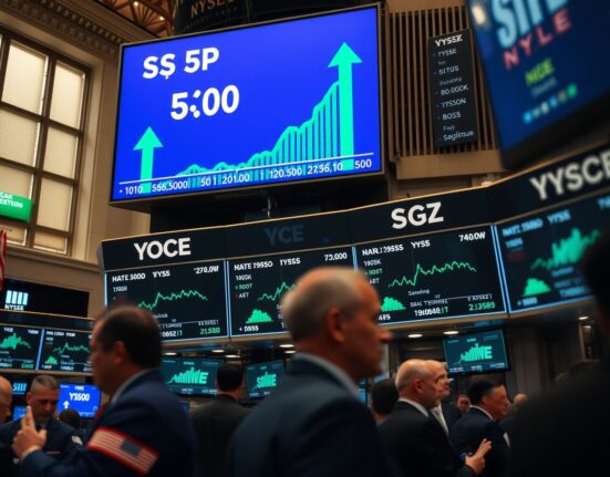 New York Stock Exchange trading floor with S&P 500 index at record high on digital displays