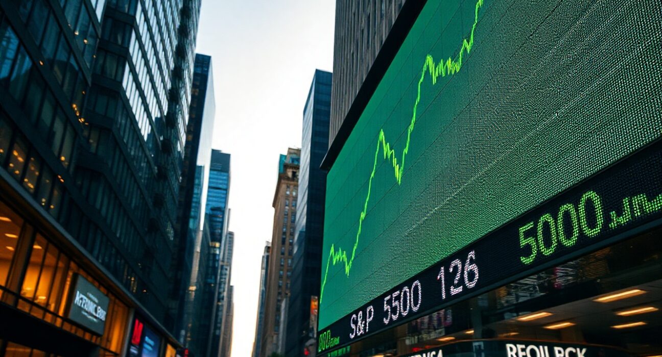 S&P 500 index chart on a digital display in a financial district, showing upward trend