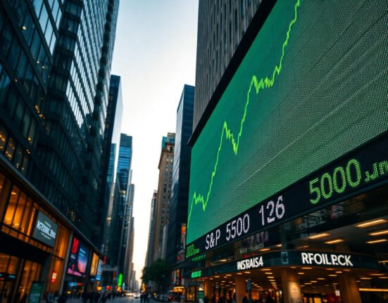 S&P 500 index chart on a digital display in a financial district, showing upward trend