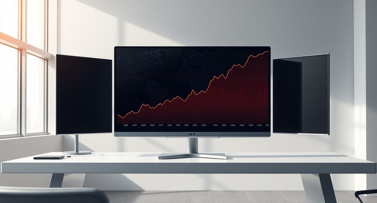 Deutsche Bank analysis of the S&P 500 reaching record highs on a financial monitor with a global geopolitical map backdrop.