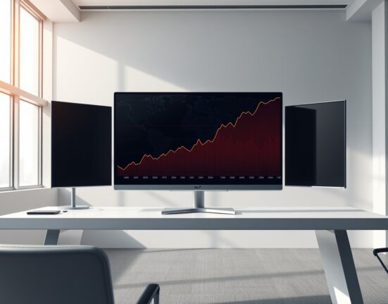 Deutsche Bank analysis of the S&P 500 reaching record highs on a financial monitor with a global geopolitical map backdrop.