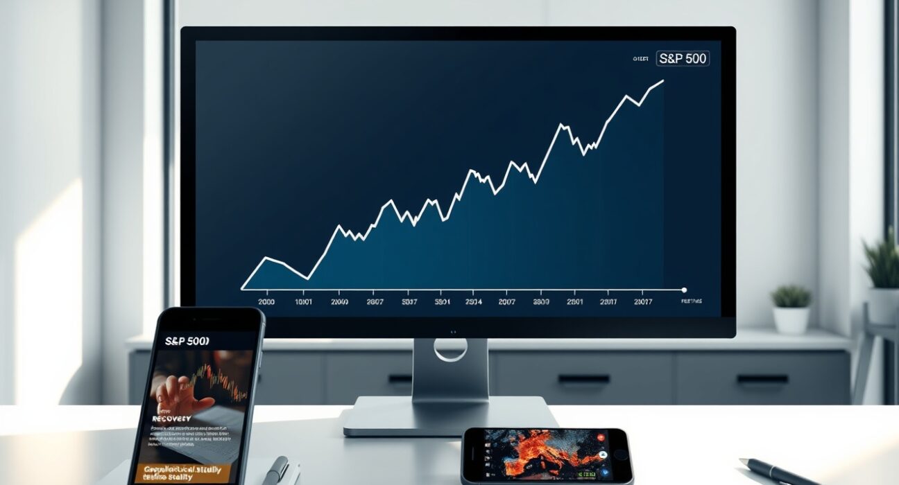 S&P 500 chart showing a sharp recovery to record highs on a financial analyst's desk.
