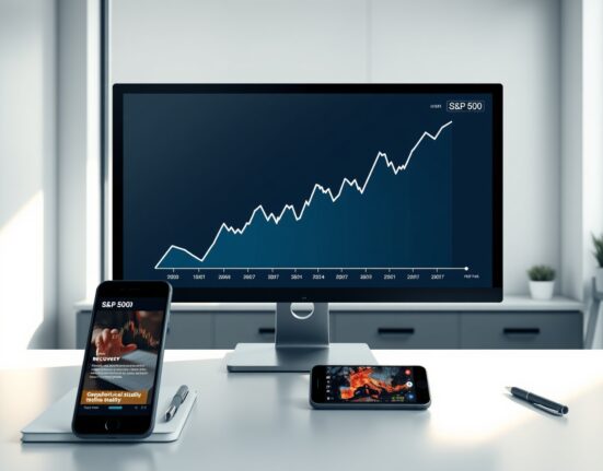 S&P 500 chart showing a sharp recovery to record highs on a financial analyst's desk.