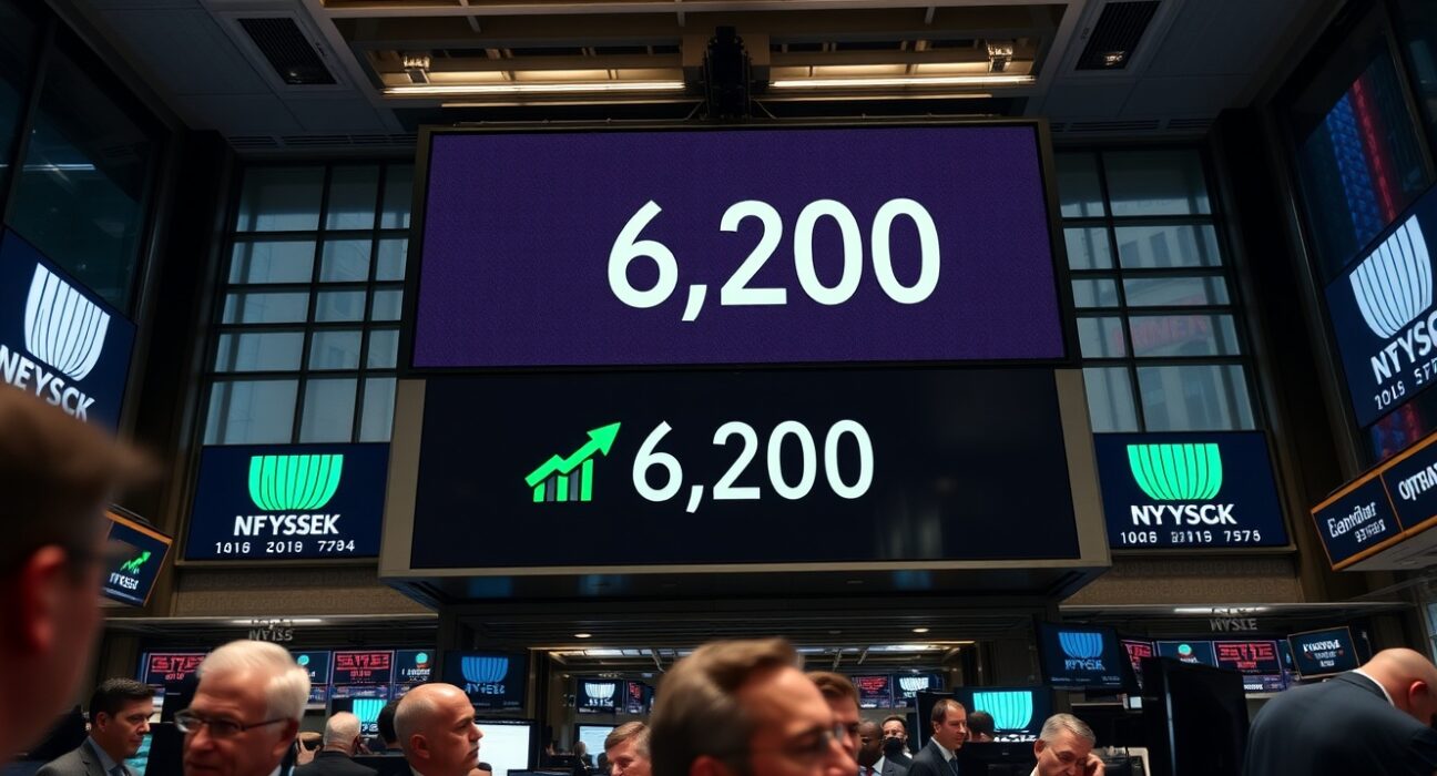 S&P 500 record highs on NYSE trading floor with tech leadership driving market rally, as analyzed by Deutsche Bank.