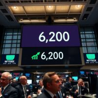S&P 500 record highs on NYSE trading floor with tech leadership driving market rally, as analyzed by Deutsche Bank.