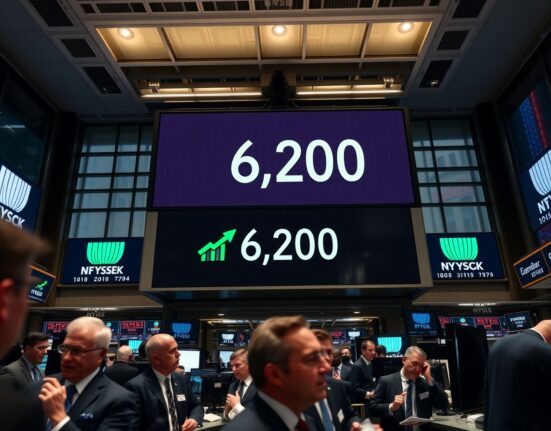 S&P 500 record highs on NYSE trading floor with tech leadership driving market rally, as analyzed by Deutsche Bank.