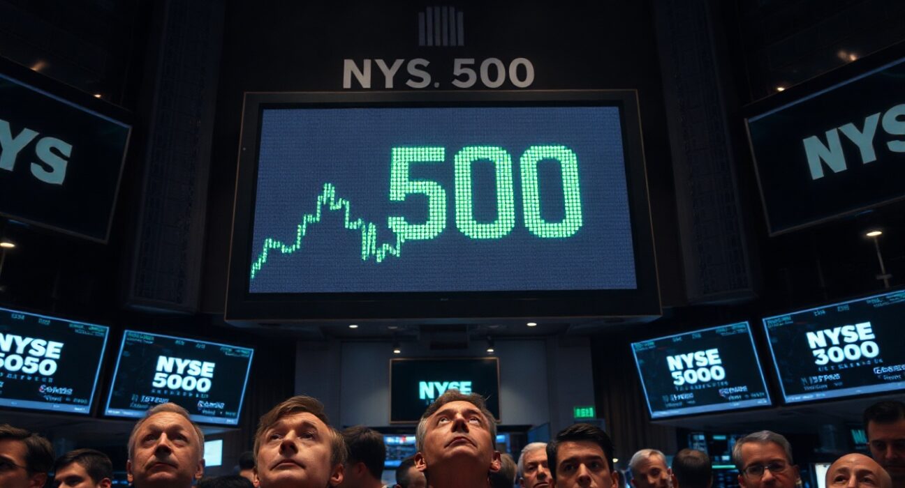 Traders on NYSE floor watching S&P 500 index at record high on large digital display
