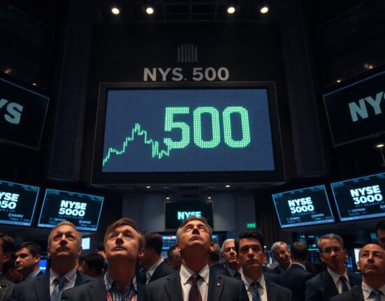 Traders on NYSE floor watching S&P 500 index at record high on large digital display