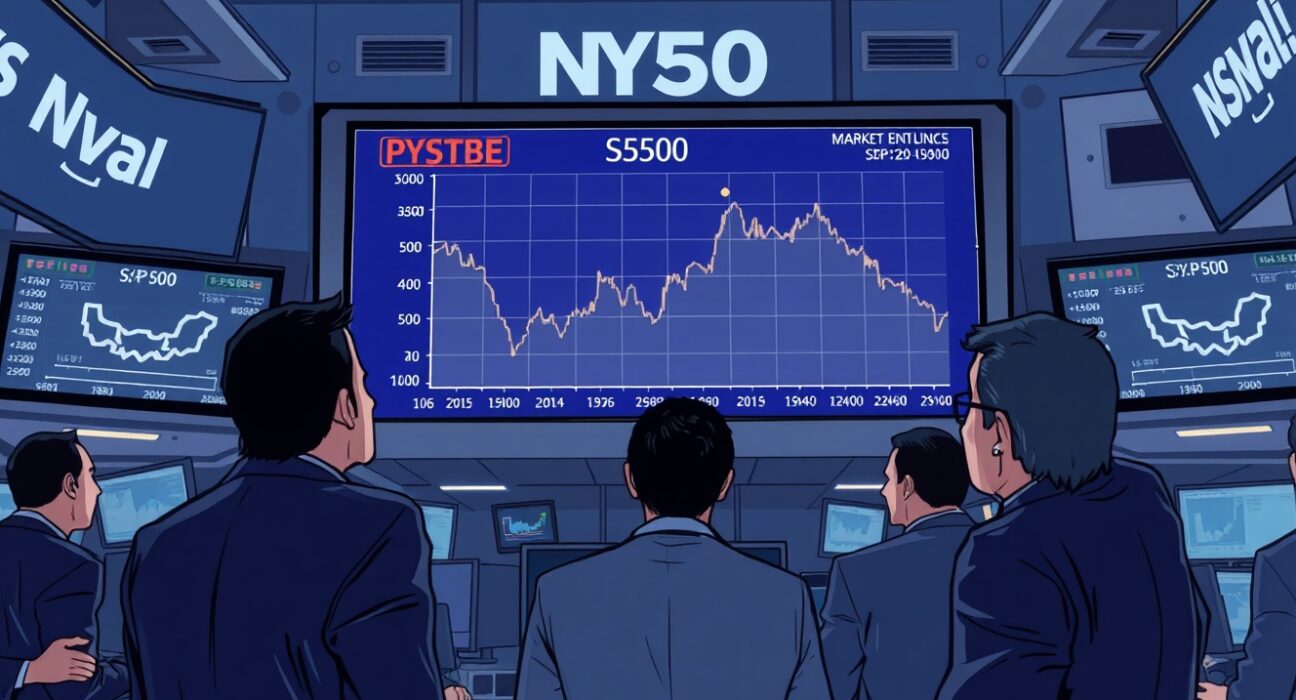 S&P 500 chart showing flat trend on a trading floor with traders observing.