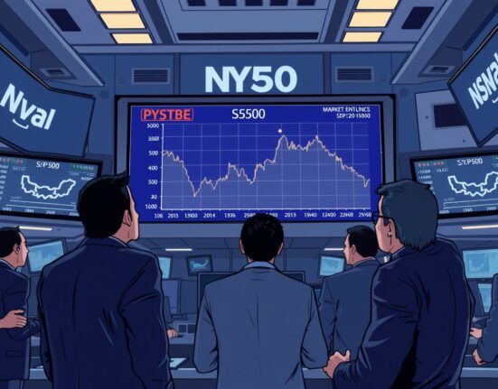 S&P 500 chart showing flat trend on a trading floor with traders observing.