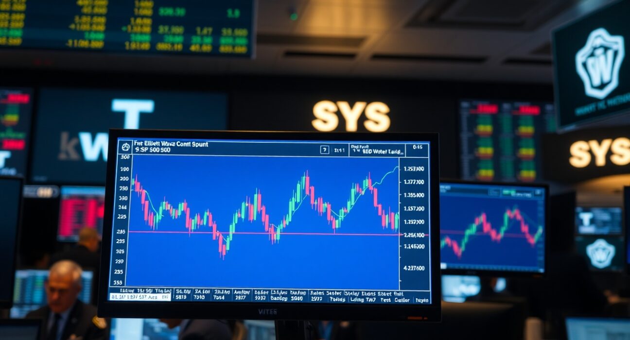 S&P 500 chart showing a complex fourth wave pattern on a trading floor monitor.