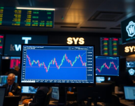 S&P 500 chart showing a complex fourth wave pattern on a trading floor monitor.