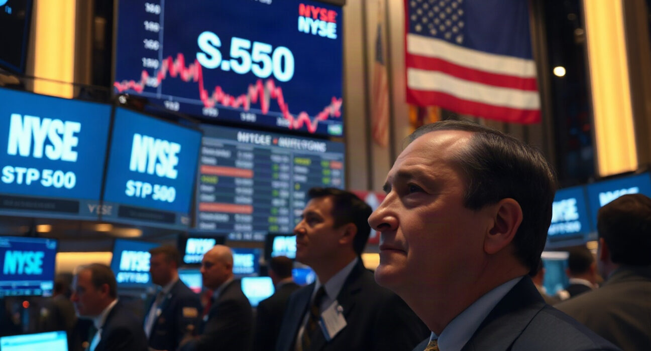 Traders on the NYSE floor watching S&P 500 index on large screens