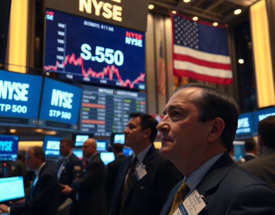 Traders on the NYSE floor watching S&P 500 index on large screens