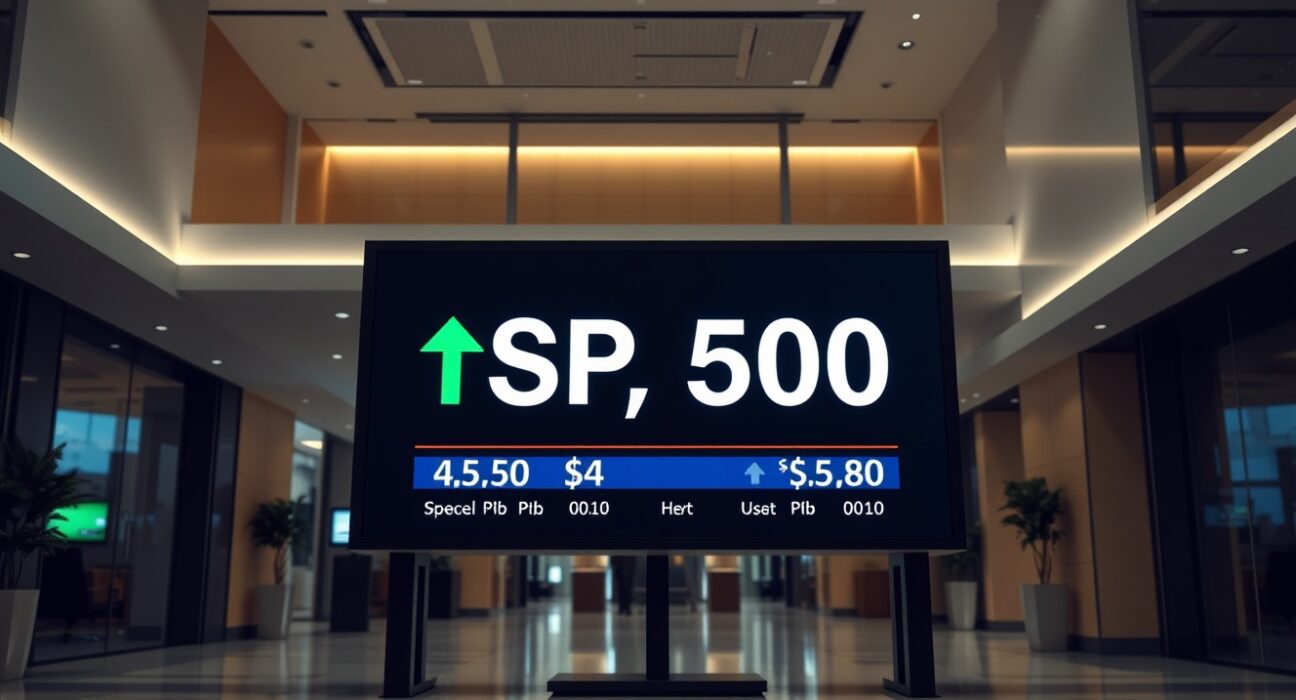 Stock market display showing S&P 500 with green gains in a modern financial setting.