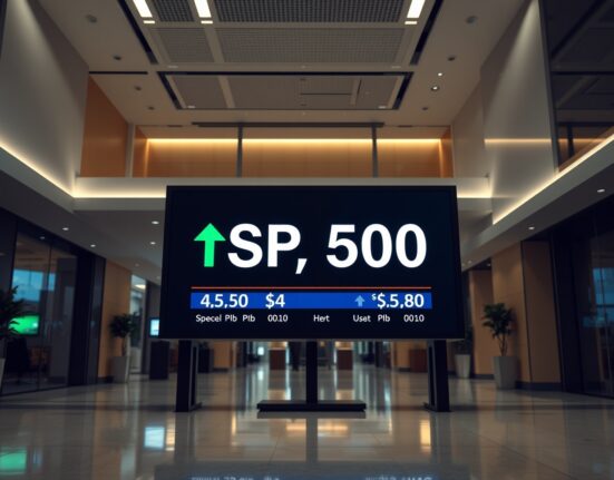 Stock market display showing S&P 500 with green gains in a modern financial setting.