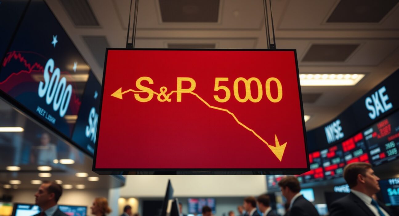 S&P 500 index showing a decline on a digital display board in a financial trading environment