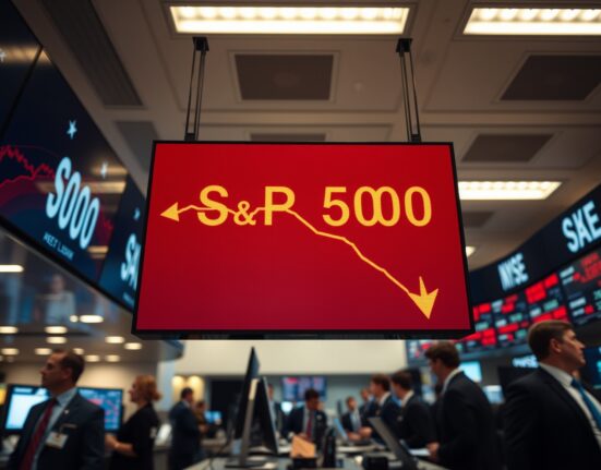 S&P 500 index showing a decline on a digital display board in a financial trading environment