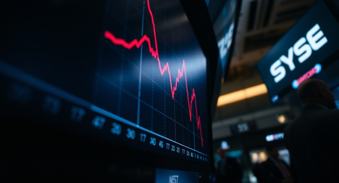 Stock market display showing S&P 500 chart with sharp decline during tech sell-off
