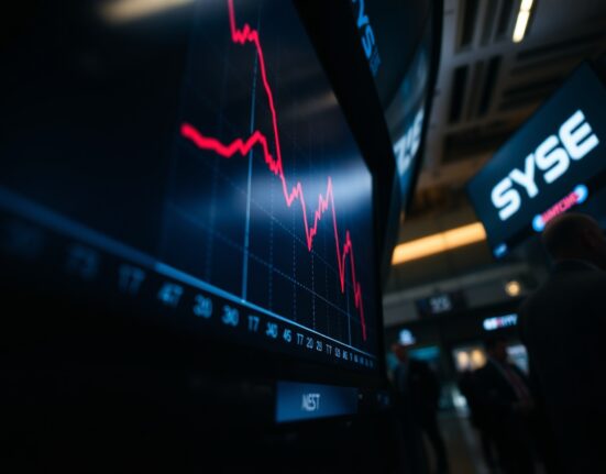 Stock market display showing S&P 500 chart with sharp decline during tech sell-off