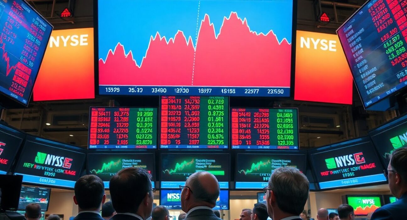 Traders on NYSE floor watching screens showing diverging S&P 500 sector performance