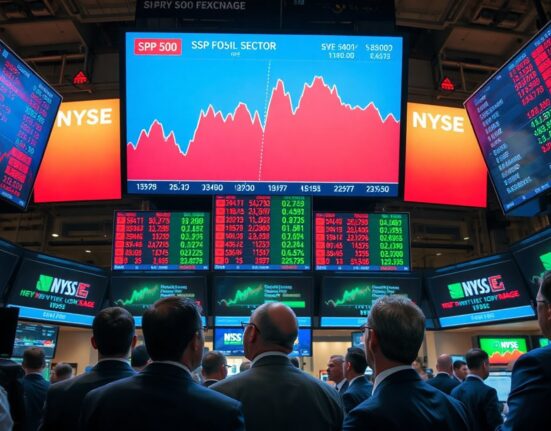 Traders on NYSE floor watching screens showing diverging S&P 500 sector performance