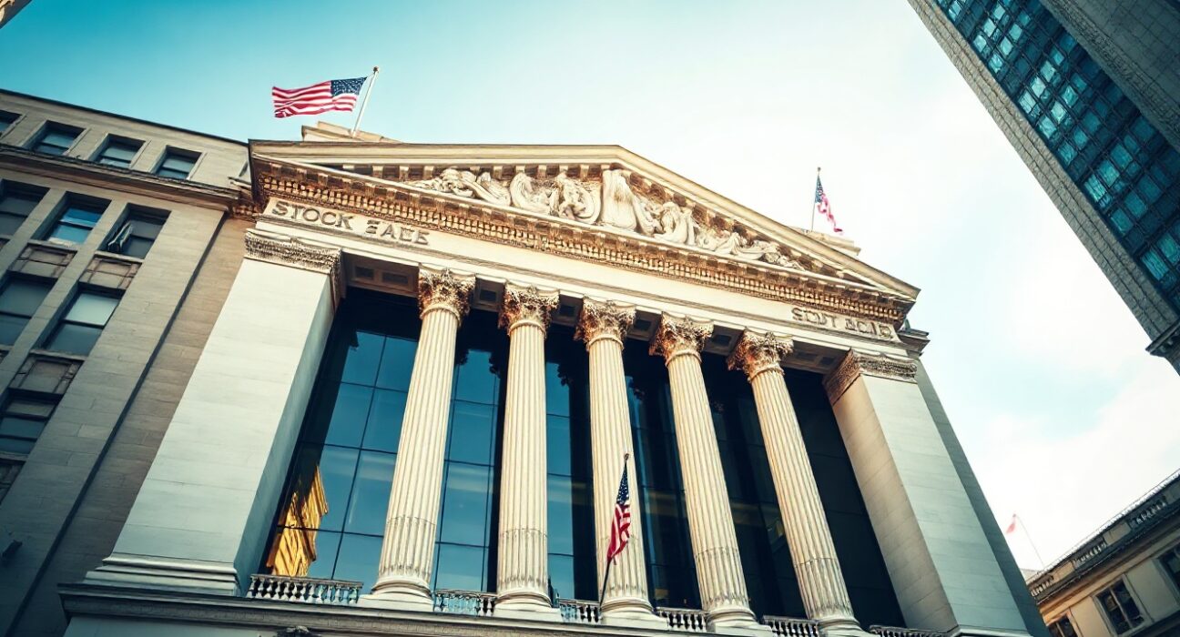 New York Stock Exchange building with green digital ticker showing market gains