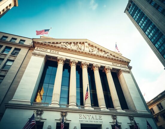 New York Stock Exchange building with green digital ticker showing market gains
