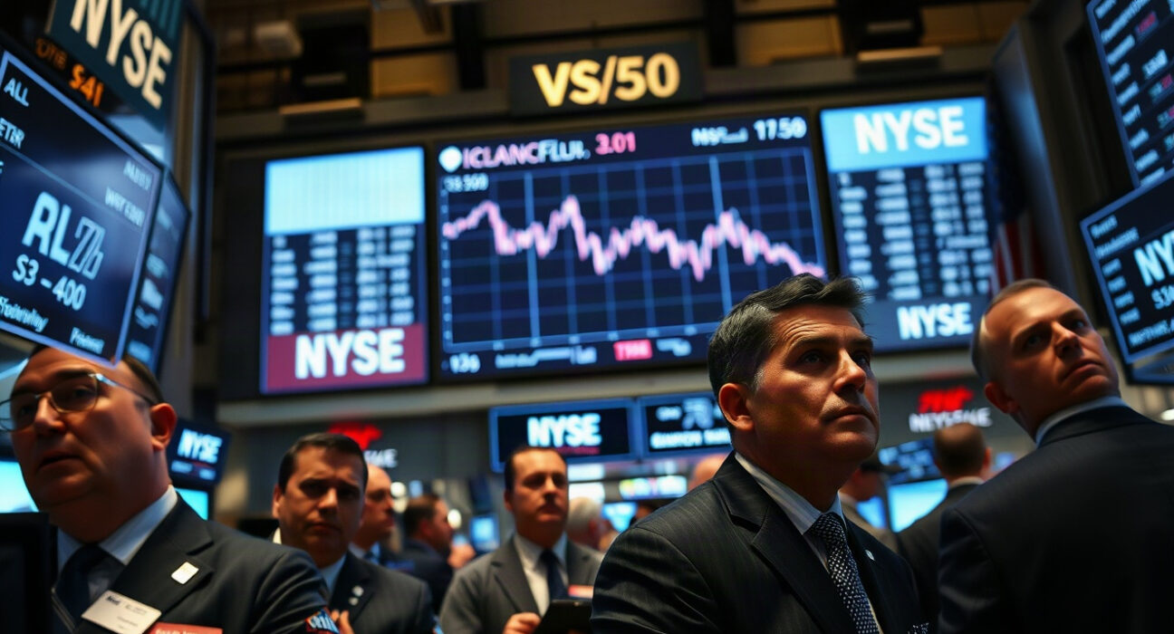 S&P 500 index chart displayed on a screen at the New York Stock Exchange, with traders in the foreground