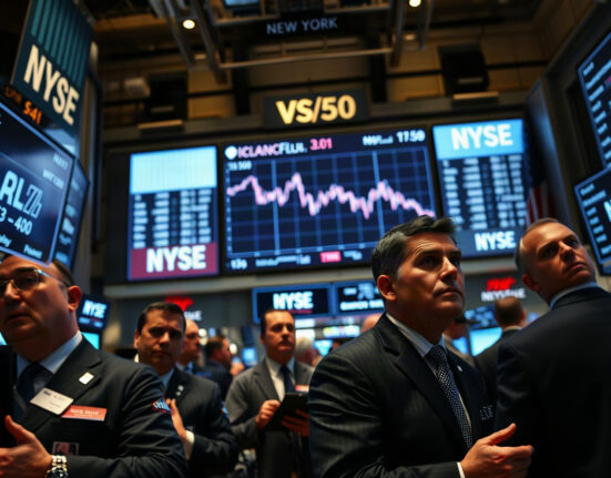 S&P 500 index chart displayed on a screen at the New York Stock Exchange, with traders in the foreground
