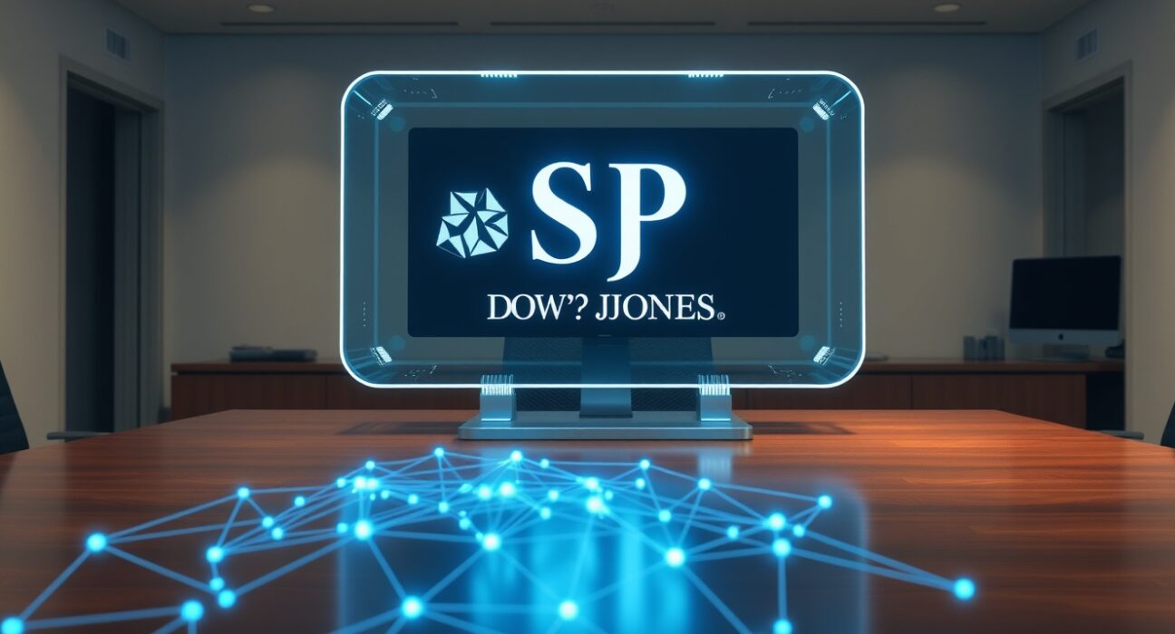 S&P Dow Jones tokenizes US Treasury index on a blockchain data terminal, representing institutional finance innovation.