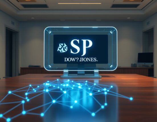 S&P Dow Jones tokenizes US Treasury index on a blockchain data terminal, representing institutional finance innovation.