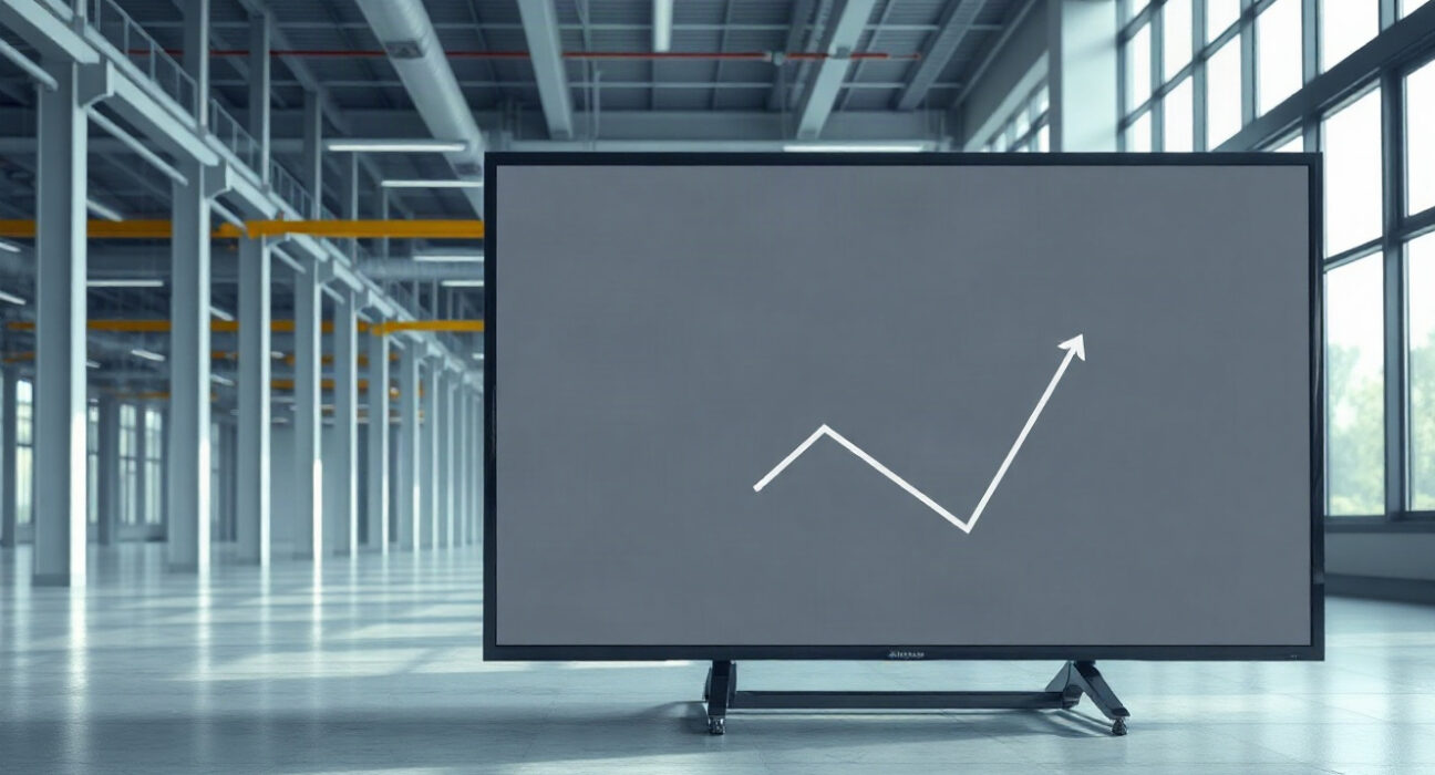 Digital screen displaying an upward economic trend graph in a modern office setting
