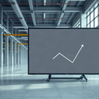 Digital screen displaying an upward economic trend graph in a modern office setting
