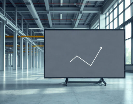 Digital screen displaying an upward economic trend graph in a modern office setting