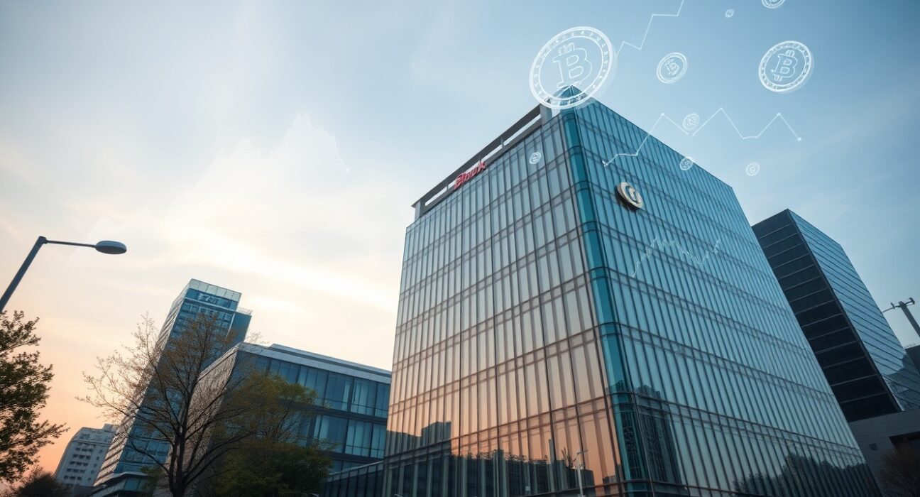 Modern bank building in Seoul with digital asset and cryptocurrency chart overlay