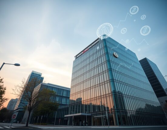 Modern bank building in Seoul with digital asset and cryptocurrency chart overlay